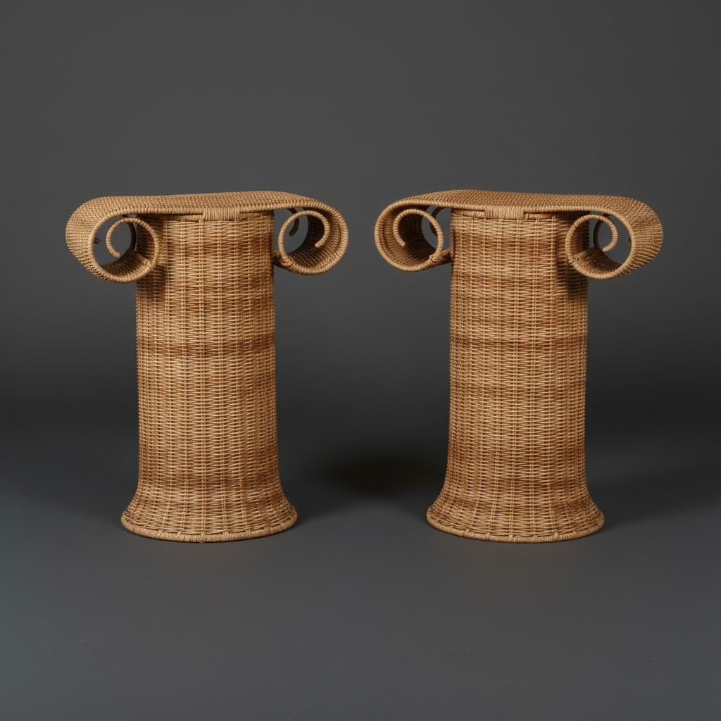 Stoa Rattan Pedestal Pair by Rattanology — hand-woven natural rattan with Greek column silhouette and scroll capitals