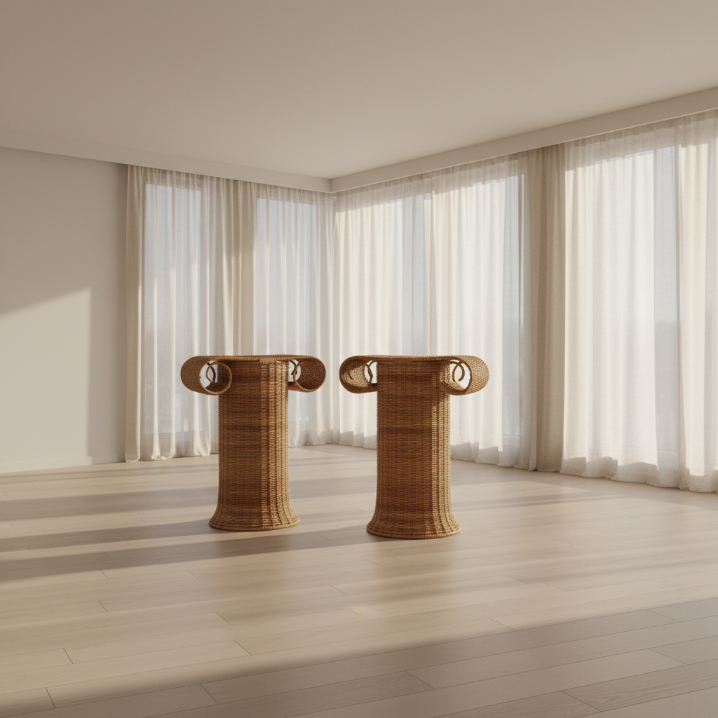 Stoa rattan pedestal pair — front view showing classical column form and woven rattan texture