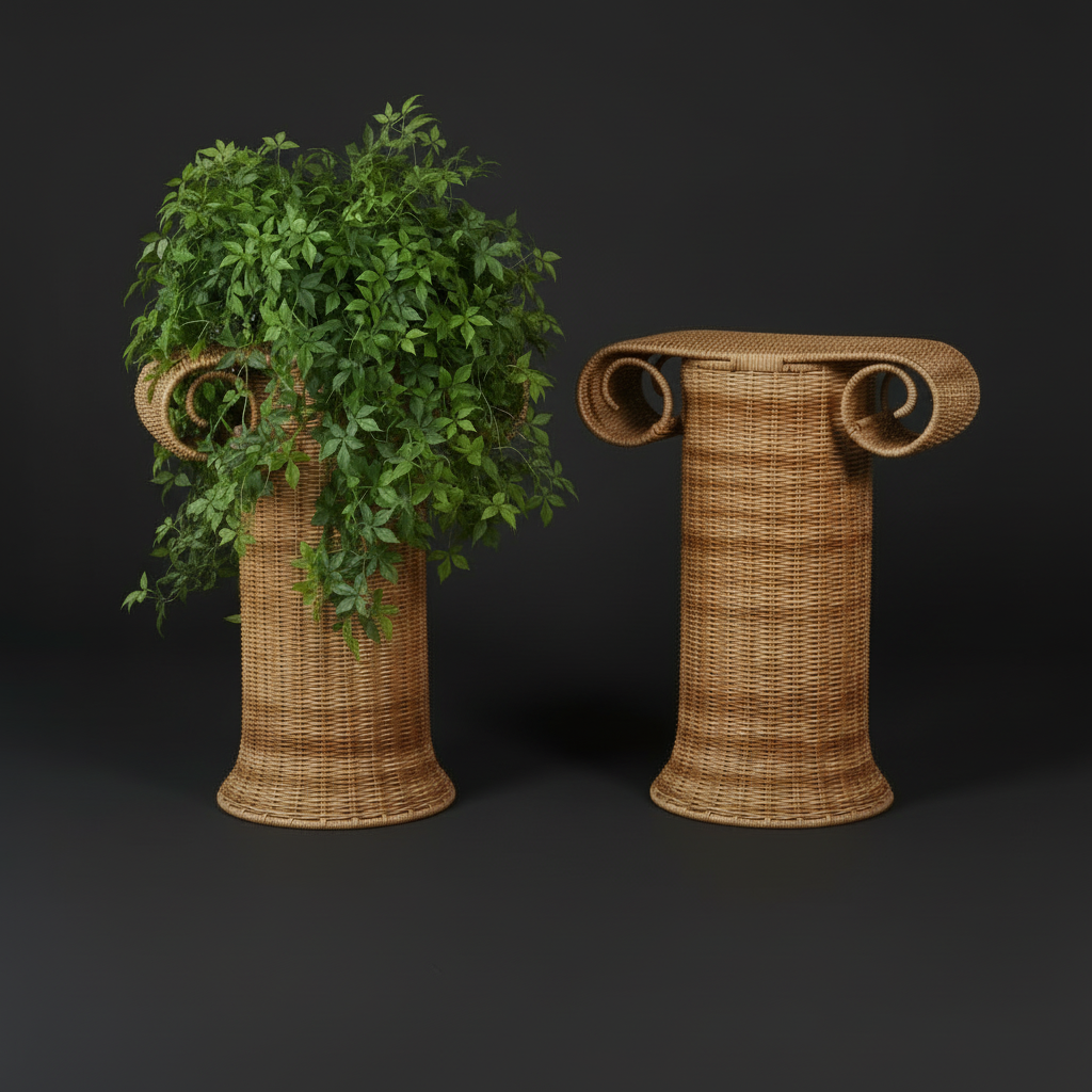Stoa rattan pedestal pair styled in interior — set of 2 handwoven rattan columns by Rattanology