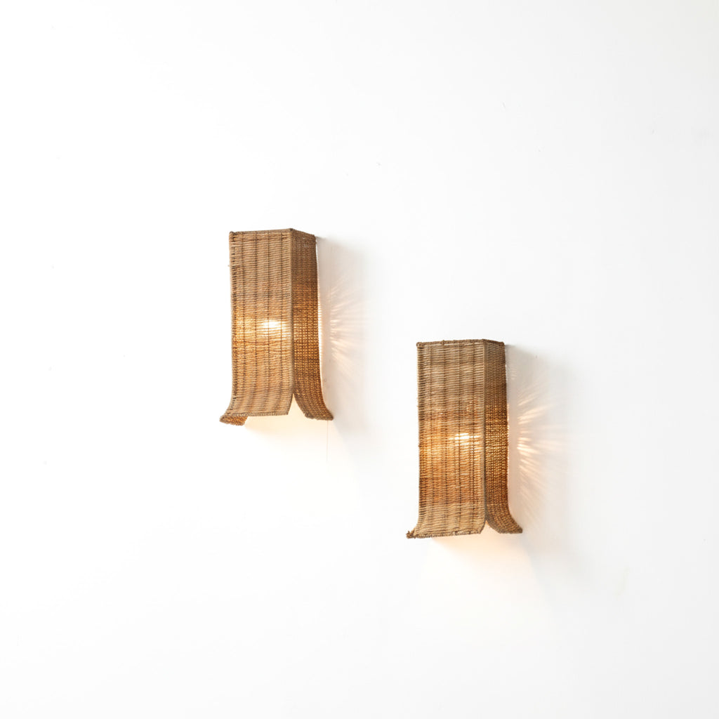 Handcrafted Wicker Wall Lamp Pair - Organic Modern Design