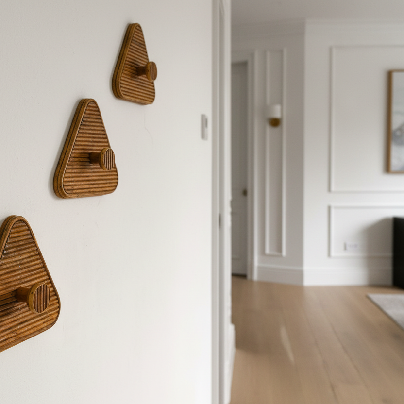 Set of 3 Rattan Wall Hooks - Mid-Century Modern Triangle Design
