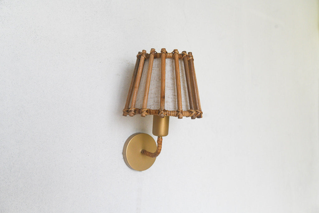 French Rattan Wall Sconce with Gold Frame | Mid-Century Bedroom Vanity Light