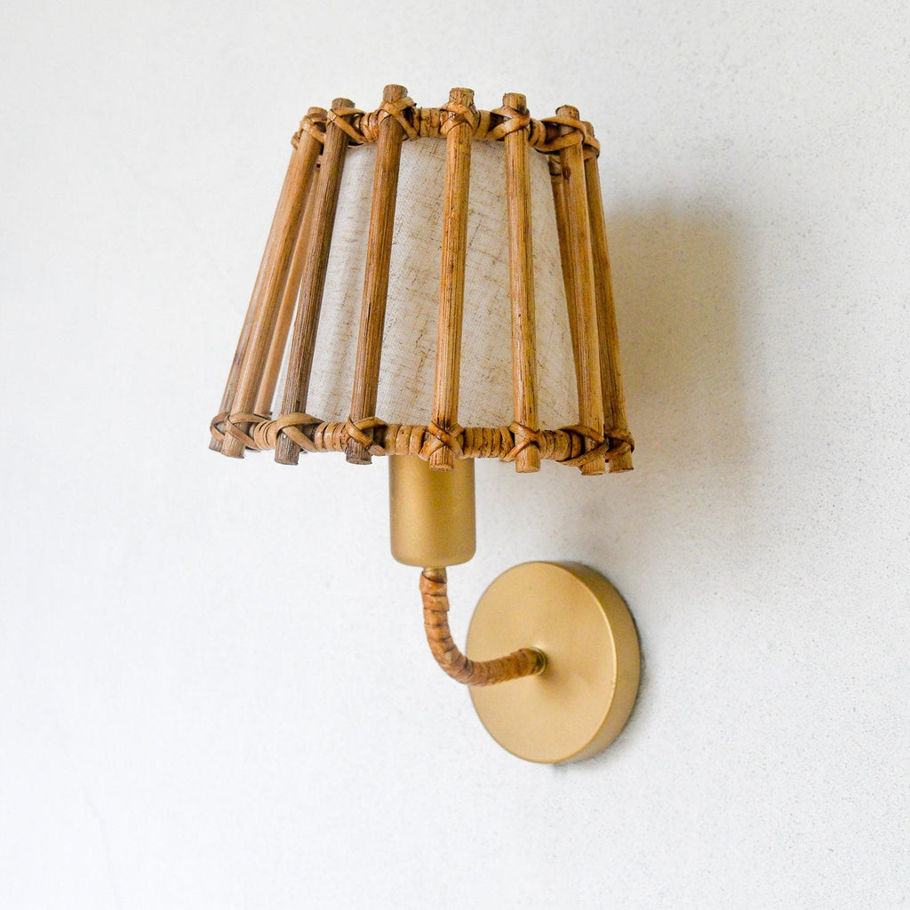 French Rattan Wall Sconce with Gold Frame | Mid-Century Bedroom Vanity Light