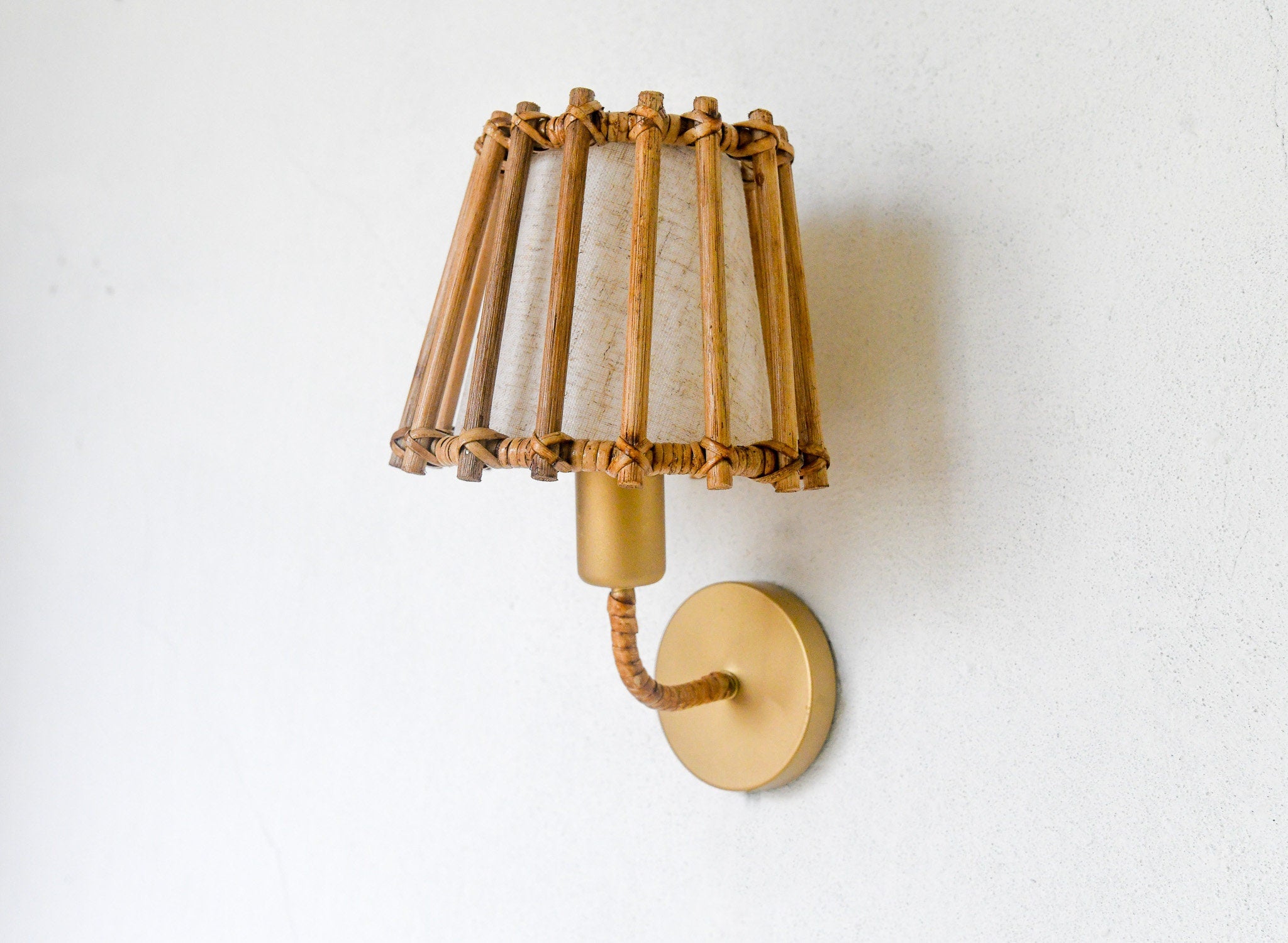 French Rattan Wall Sconce with Gold Frame | Mid-Century Bedroom Vanity Light