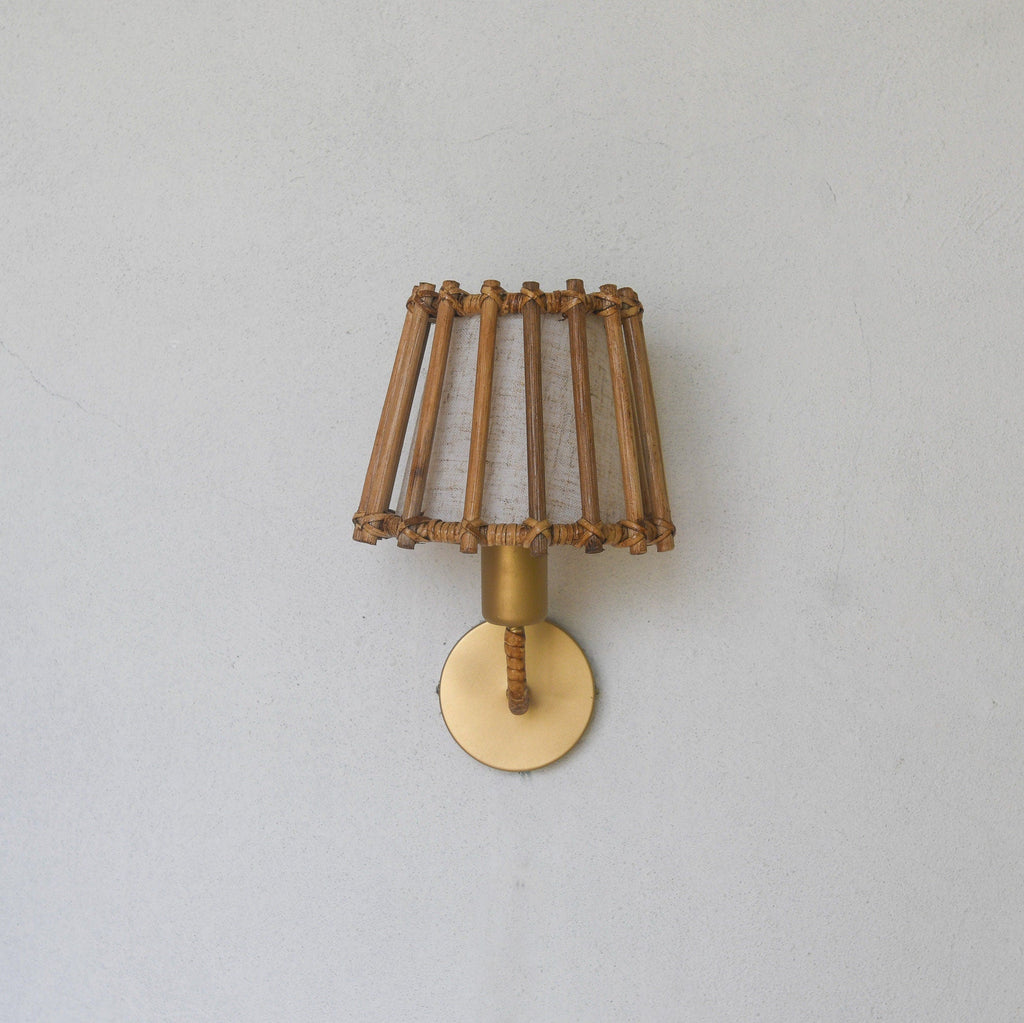 French Rattan Wall Sconce with Gold Frame | Mid-Century Bedroom Vanity Light
