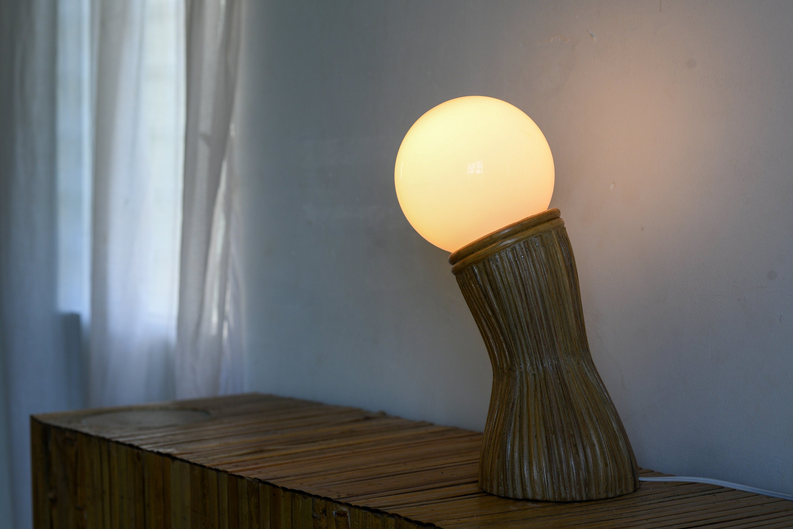 Mid Century Modern Pencil Reed Table Lamp, Space Age Dome Shade