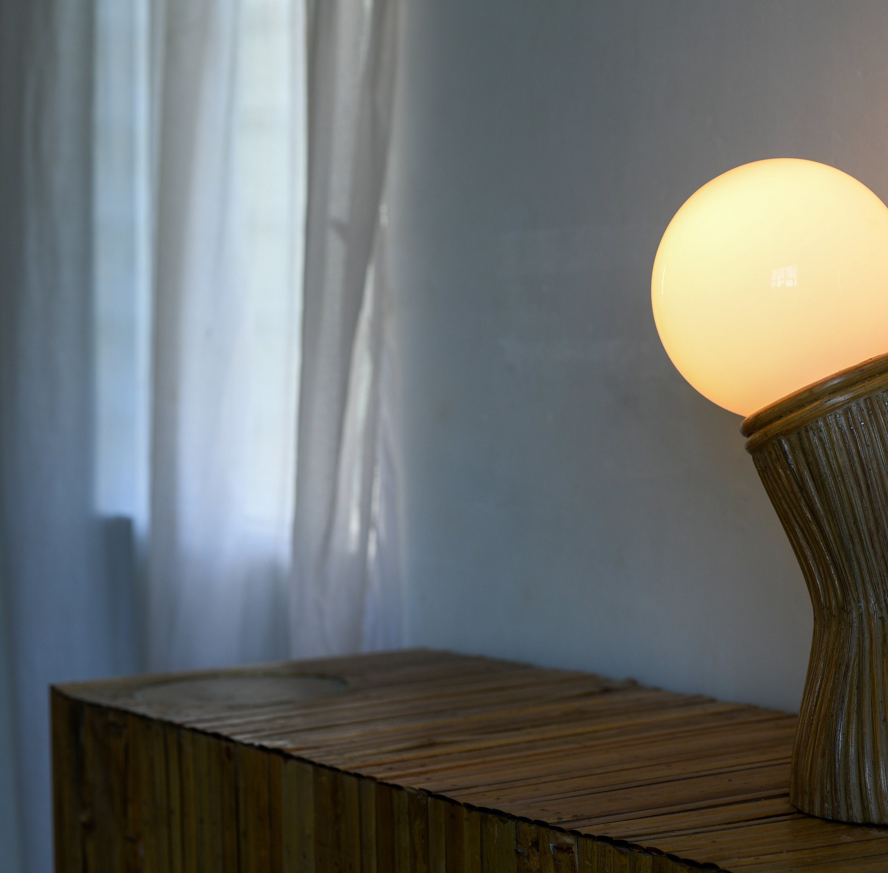 Mid Century Modern Pencil Reed Table Lamp, Space Age Dome Shade