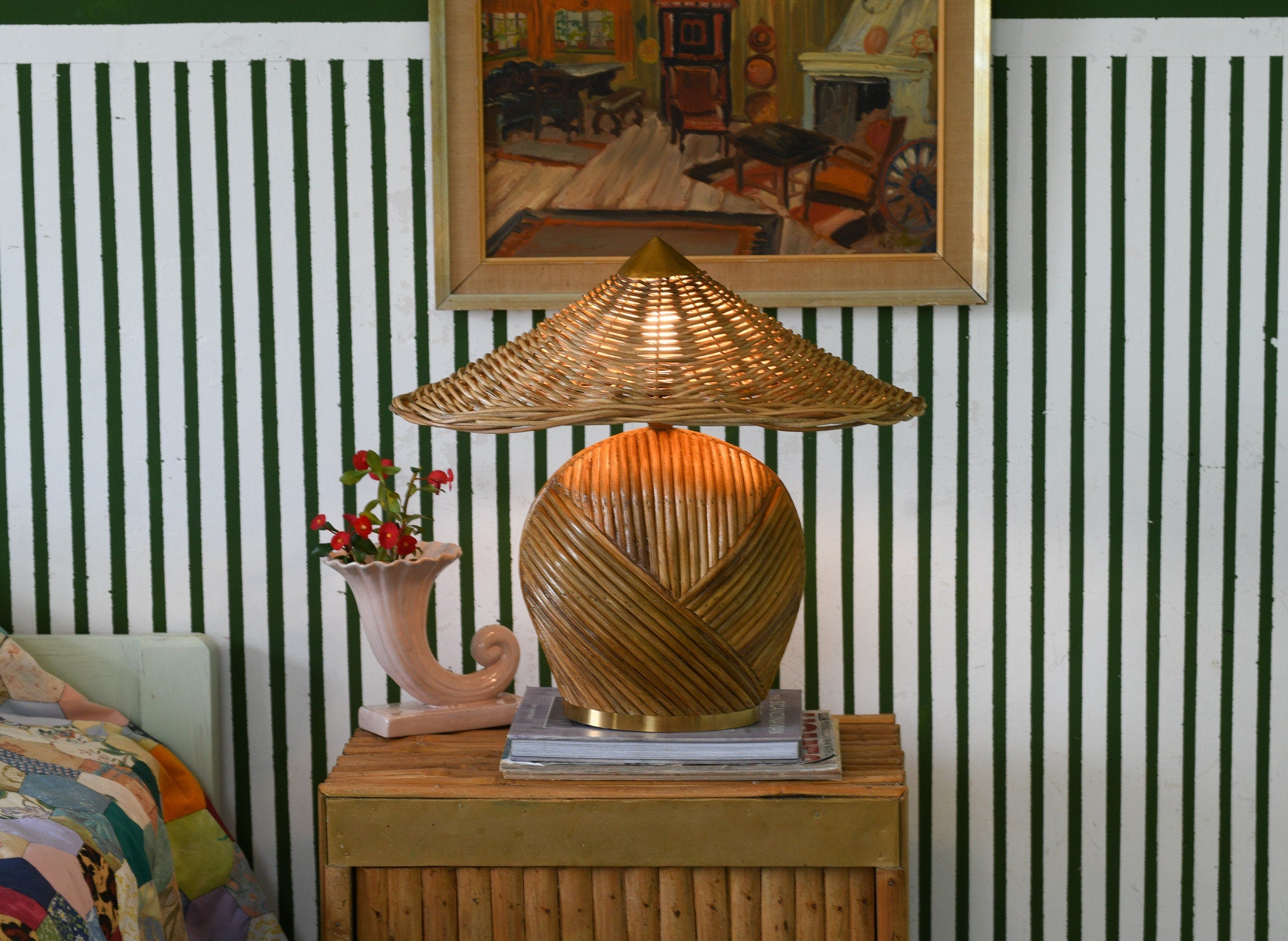 Deco Table Lamp, Rattan Pencil Reed, Mid-century Modern Style Lighting