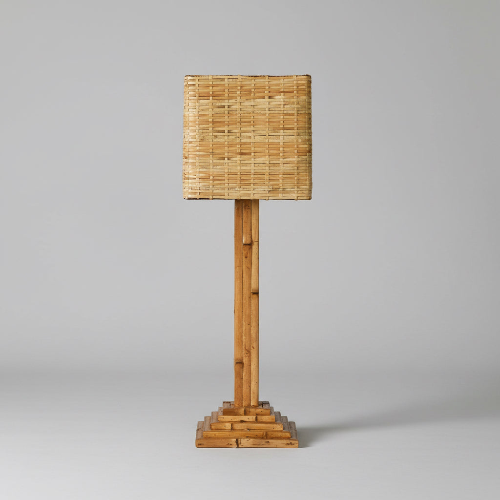 Step Bamboo Table Lamp | Woven Cube Shade | Vintage Modernist Style