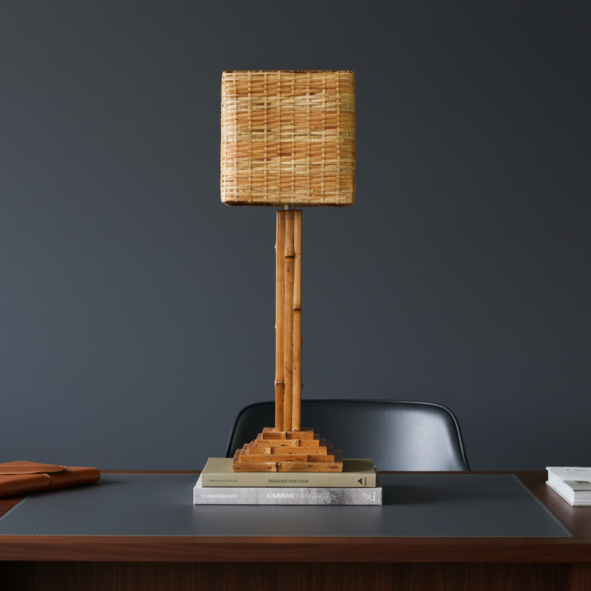 Step Bamboo Table Lamp | Woven Cube Shade | Vintage Modernist Style
