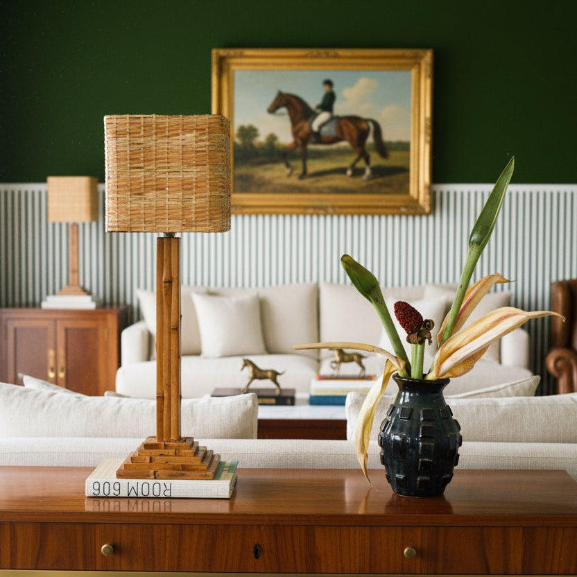 Step Bamboo Table Lamp | Woven Cube Shade | Vintage Modernist Style