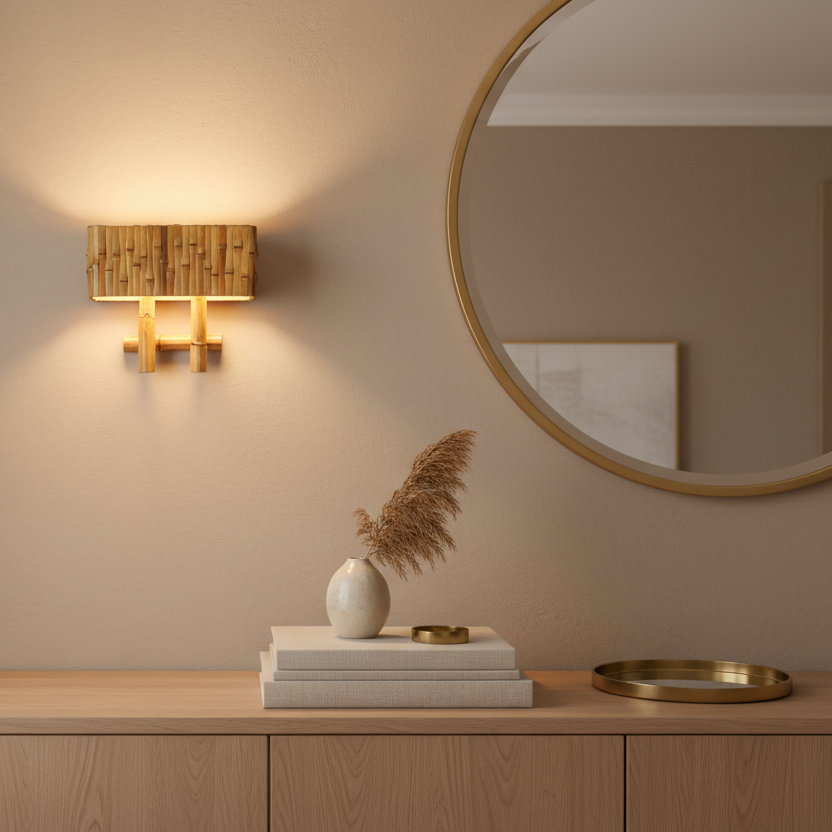 Culmo Wall Sconce — Studio Shot, Natural Bamboo Texture | Rattanology USA