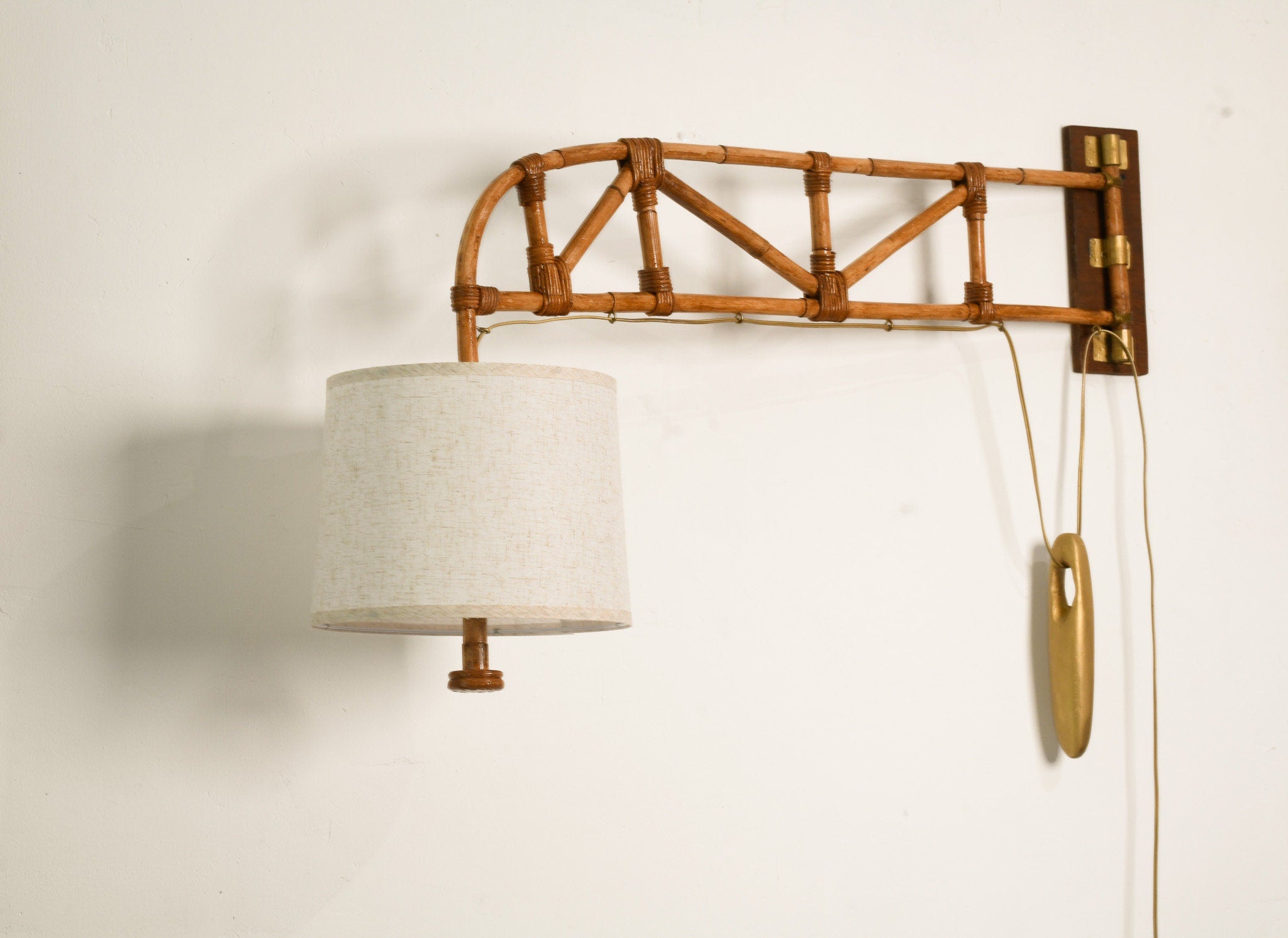 Swing Arm Wall Lamp, Rattan, Vintage Style, Handcrafted Lighting