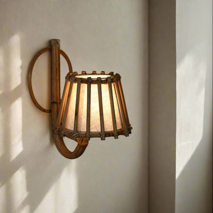 Pencil Reed Rattan Wall Sconce — Side Profile, Geometric Weave Detail | Rattanology