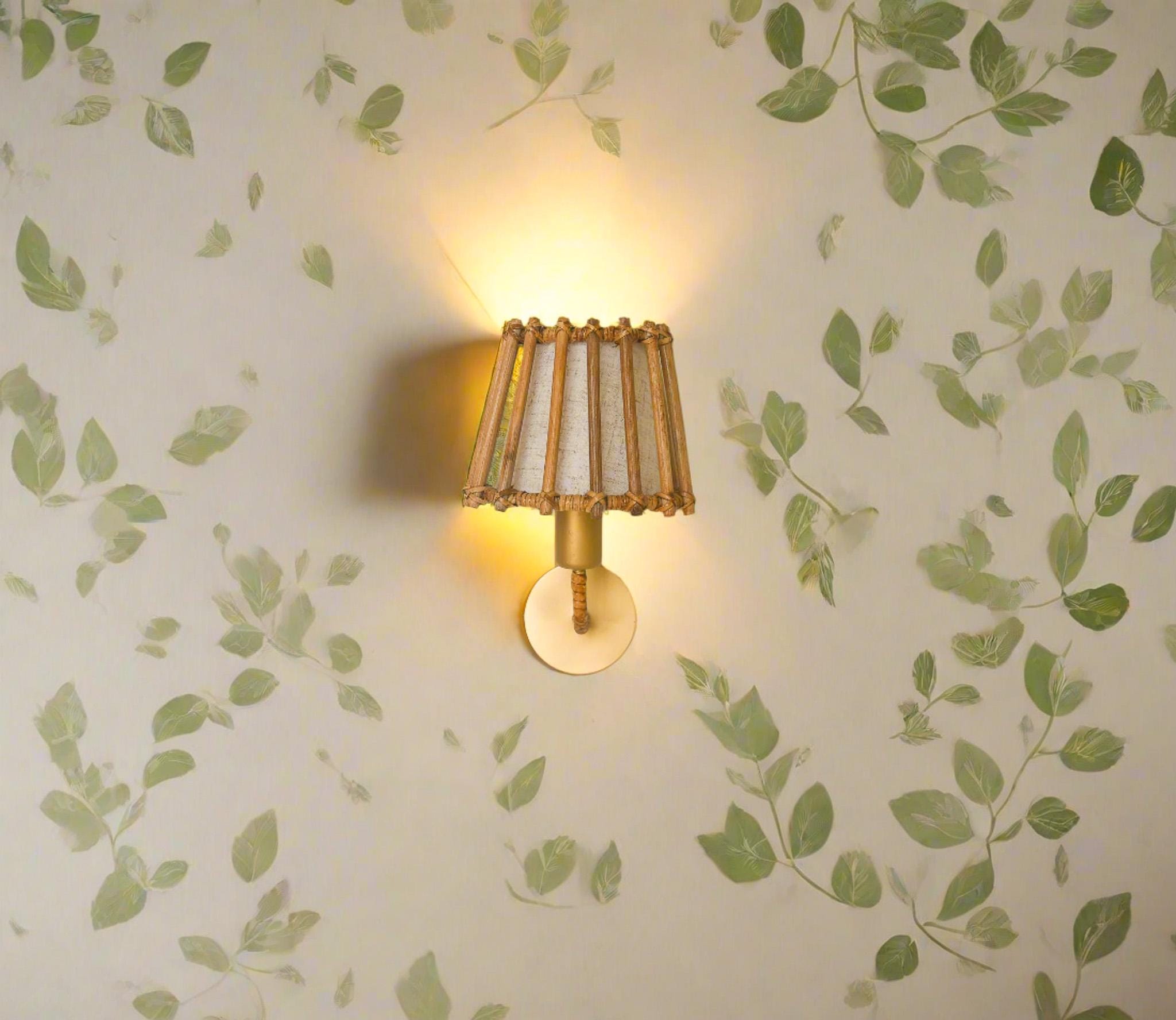 French Rattan Wall Sconce with Gold Frame | Mid-Century Bedroom Vanity Light