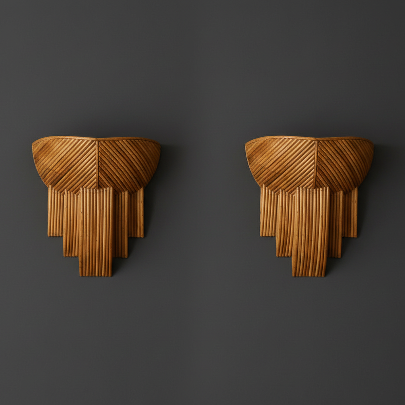Two wooden wall sconces on a dark gray background