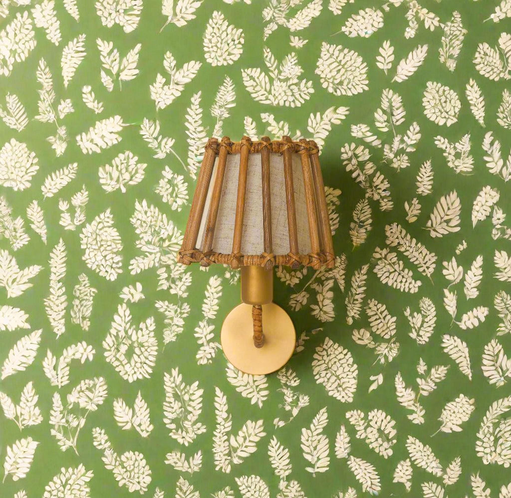 French Rattan Wall Sconce with Gold Frame | Mid-Century Bedroom Vanity Light