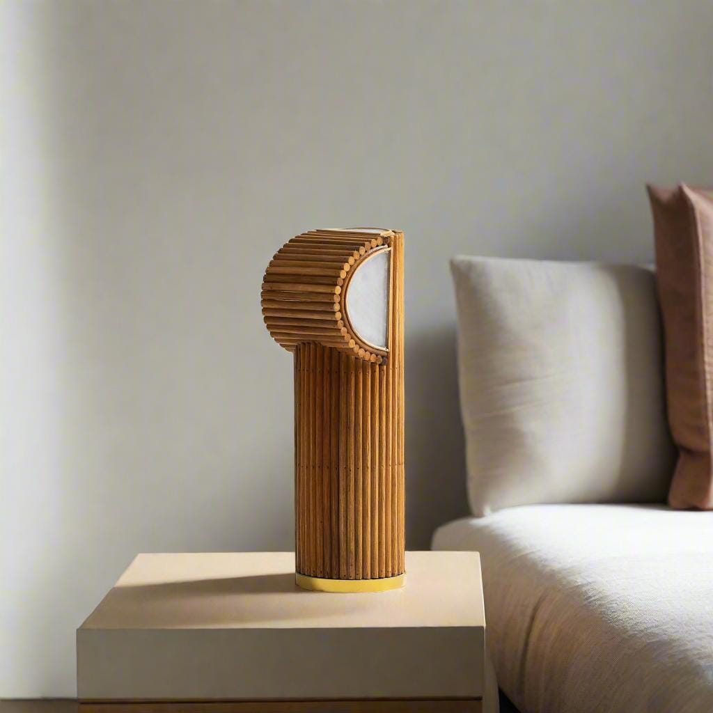 Rattan Table Lamp "Milli" with Gold Banding | Mid-Century Modern Bedroom Lighting