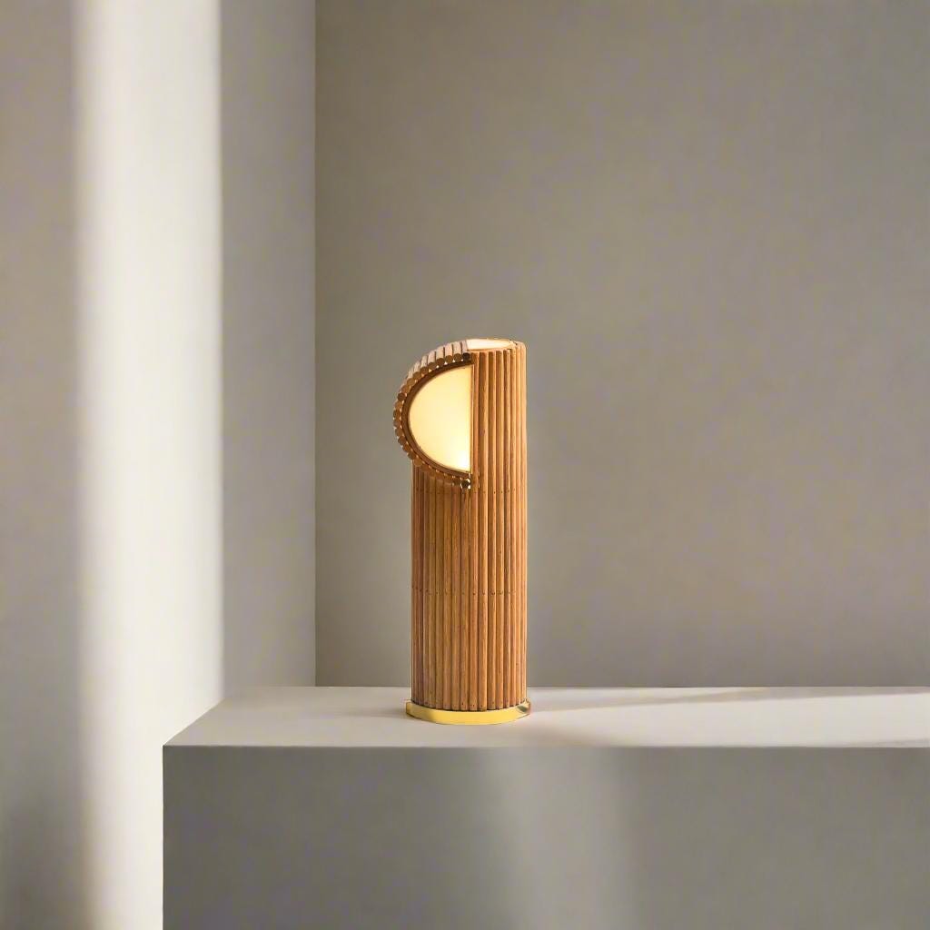 Rattan Table Lamp "Milli" with Gold Banding | Mid-Century Modern Bedroom Lighting