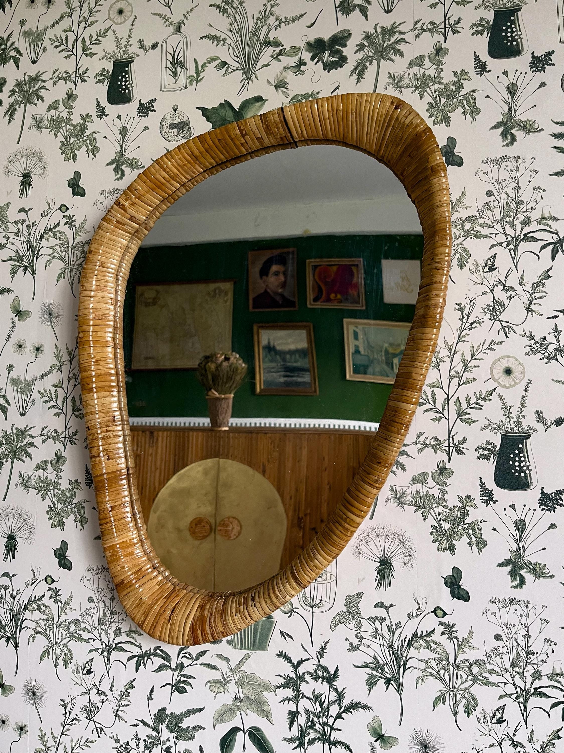 Mid-Century Modern Style Rattan Cane Wall Mirror, Bathroom, Bedroom, Hallway Mirror