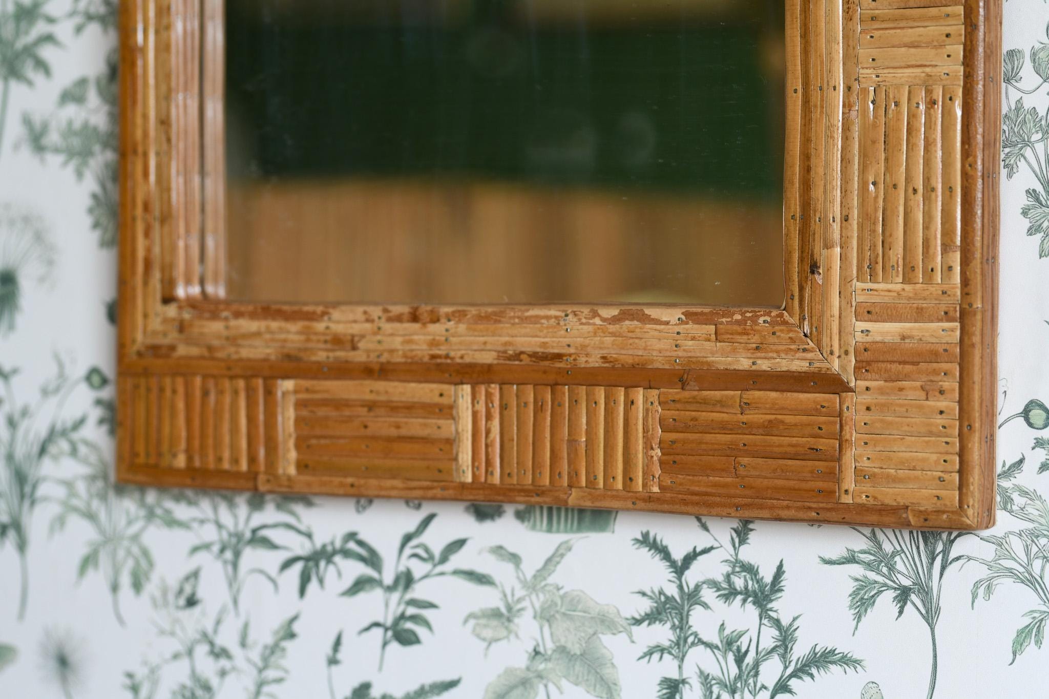 Rectangular Patterned Rattan Cane Wall Mirror