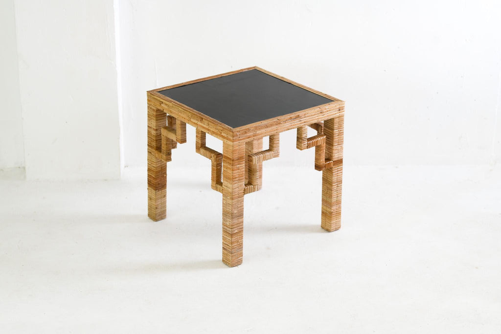 Greek Key Patterned Rattan Side Table with Black Laquered Top