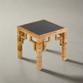 Greek Key Patterned Rattan Side Table with Black Laquered Top