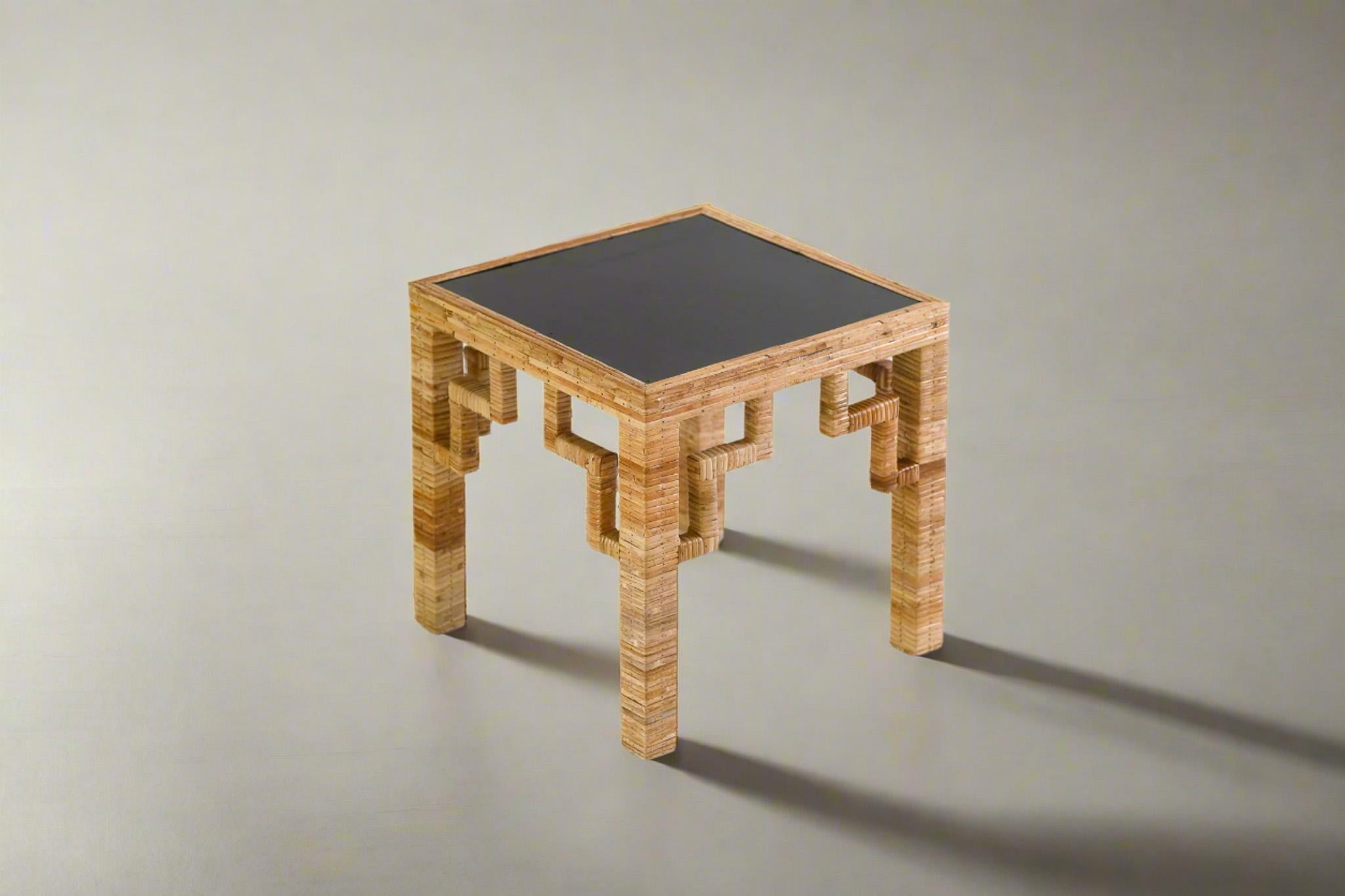 Greek Key Patterned Rattan Side Table with Black Laquered Top