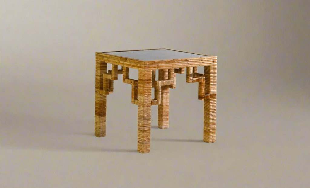 Greek Key Patterned Rattan Side Table with Black Laquered Top
