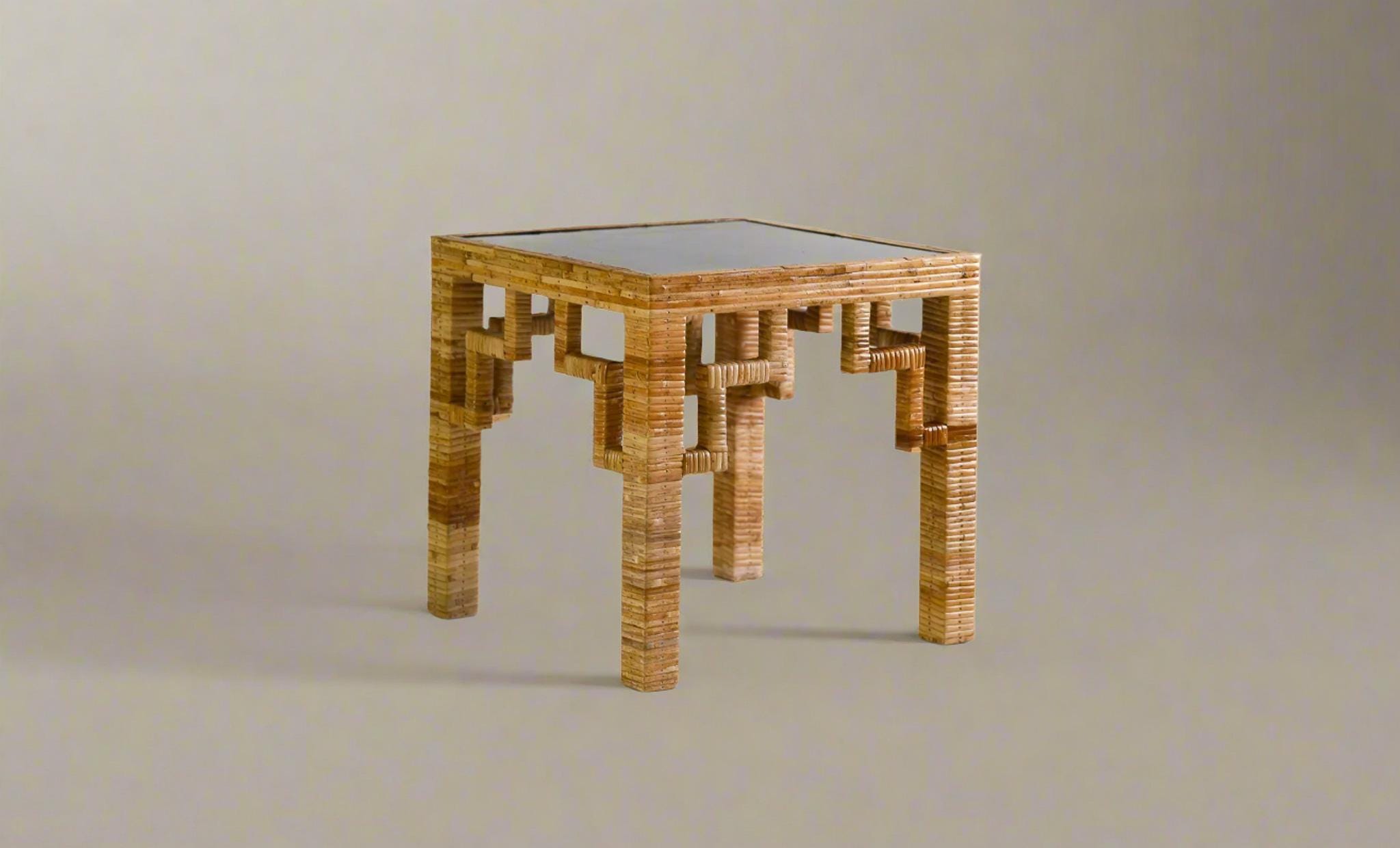 Greek Key Patterned Rattan Side Table with Black Laquered Top