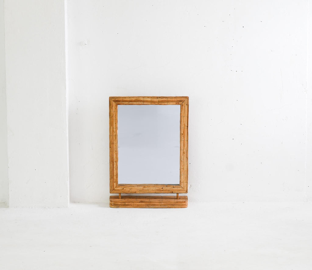 Vintage Rattan Vanity Mirror – Rectangular Tabletop Makeup Mirror