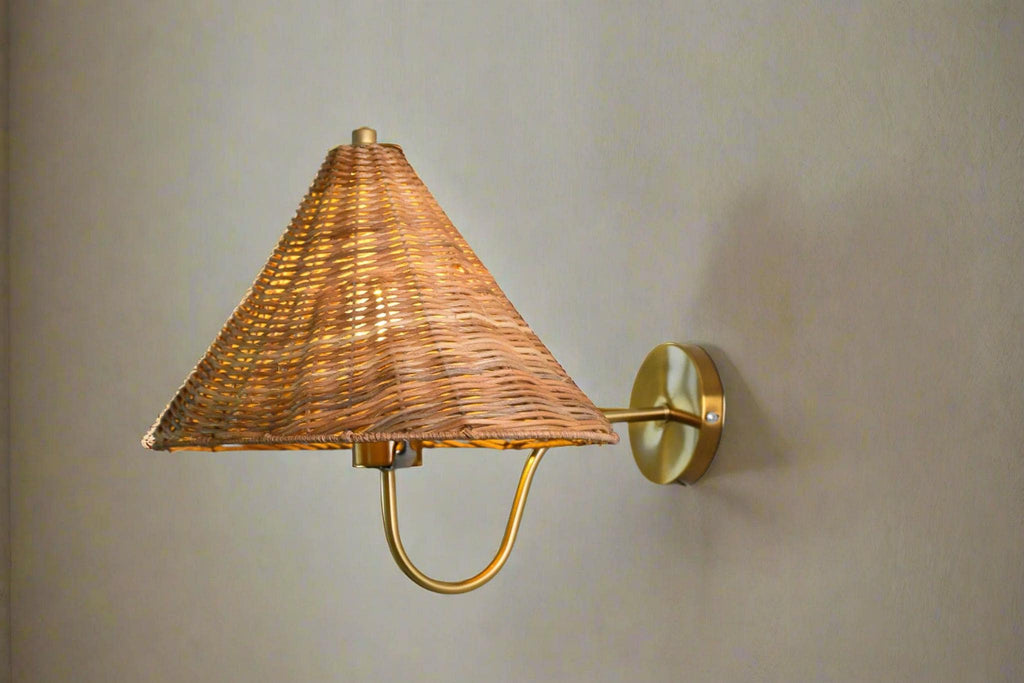 Hand-woven wicker cone rattan wall sconce mounted plain wall — Rattanology
