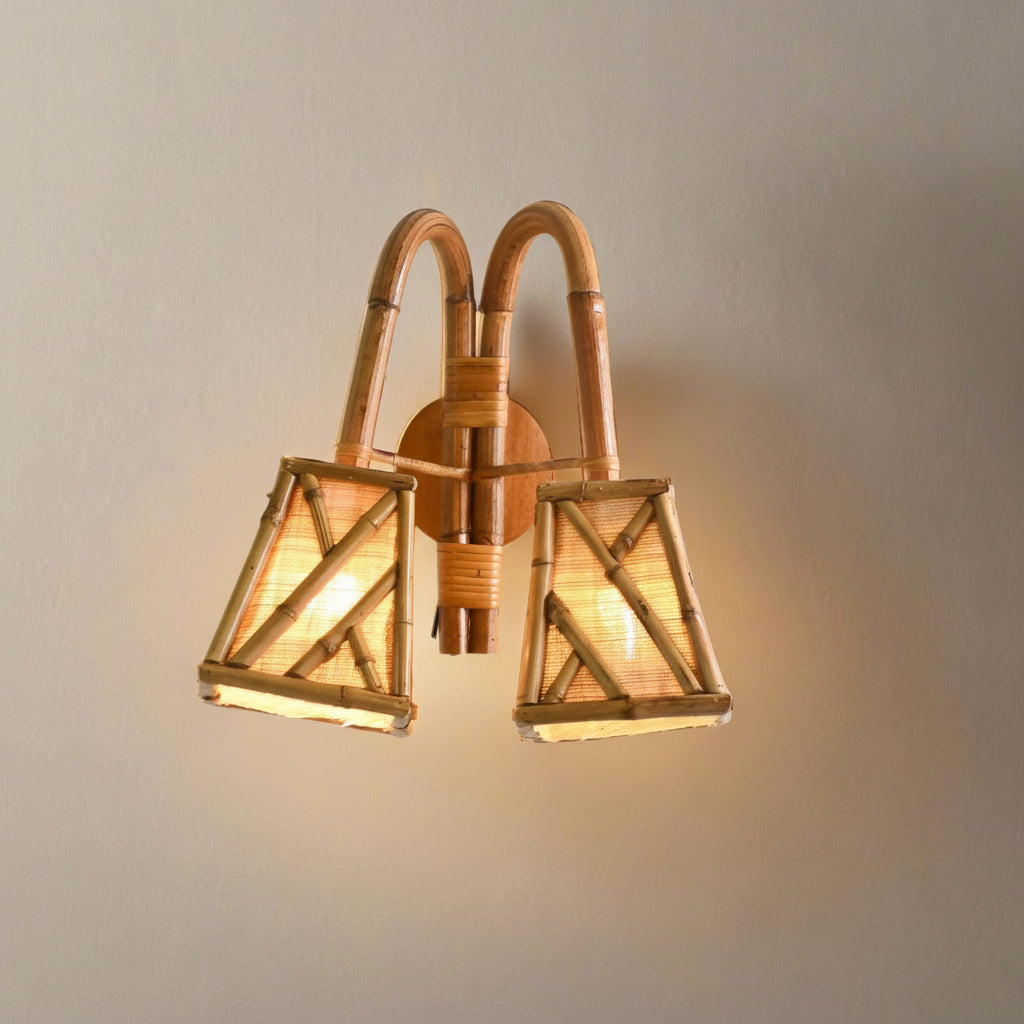 Chippendale Wall Sconce by Rattanology — side profile, natural rattan and bamboo