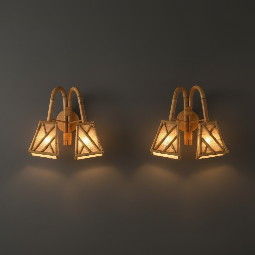 Chippendale Rattan Wall Sconce — curved rattan framework, organic modern interior