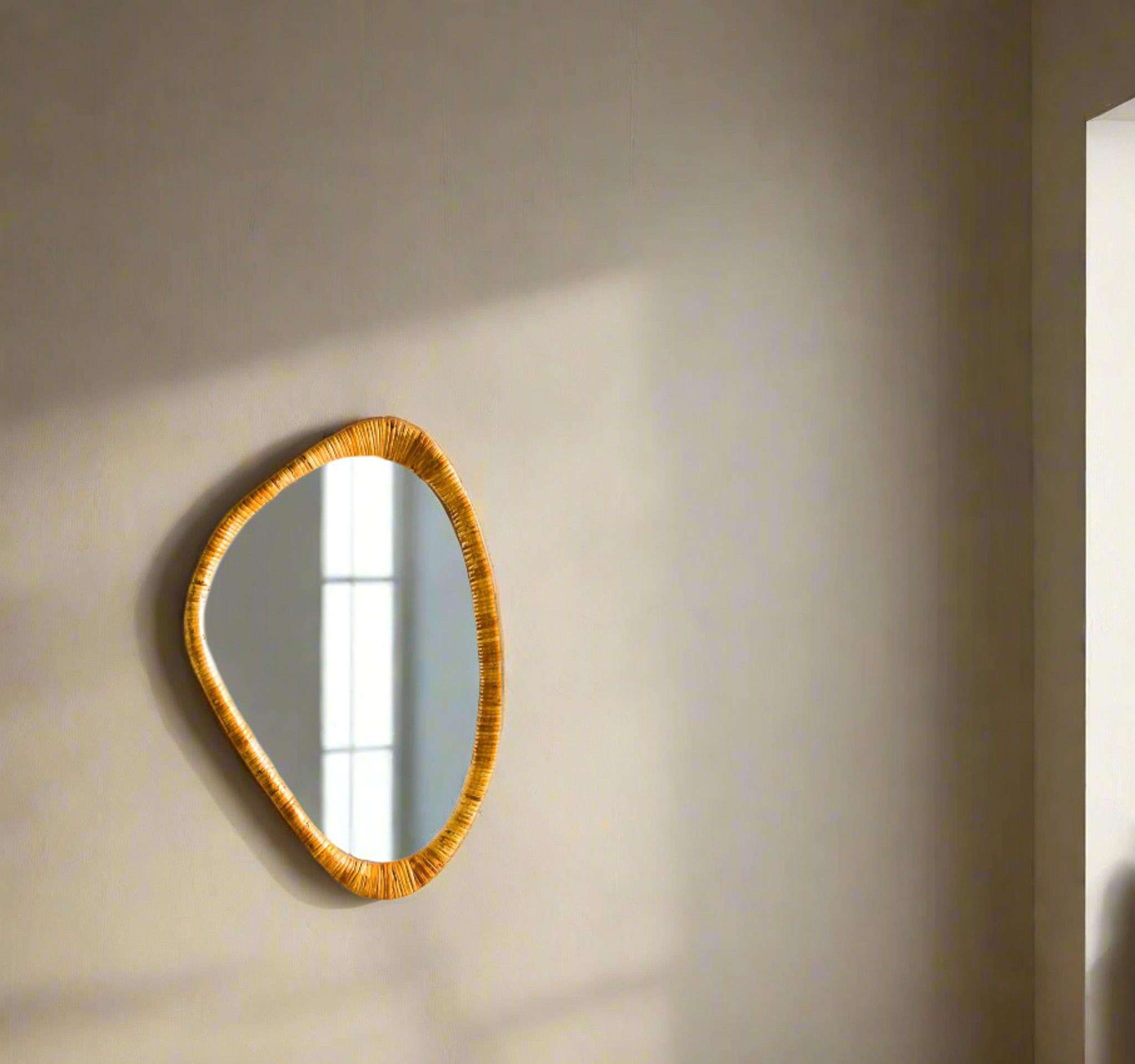 Mid-Century Modern Style Rattan Cane Wall Mirror, Bathroom, Bedroom, Hallway Mirror