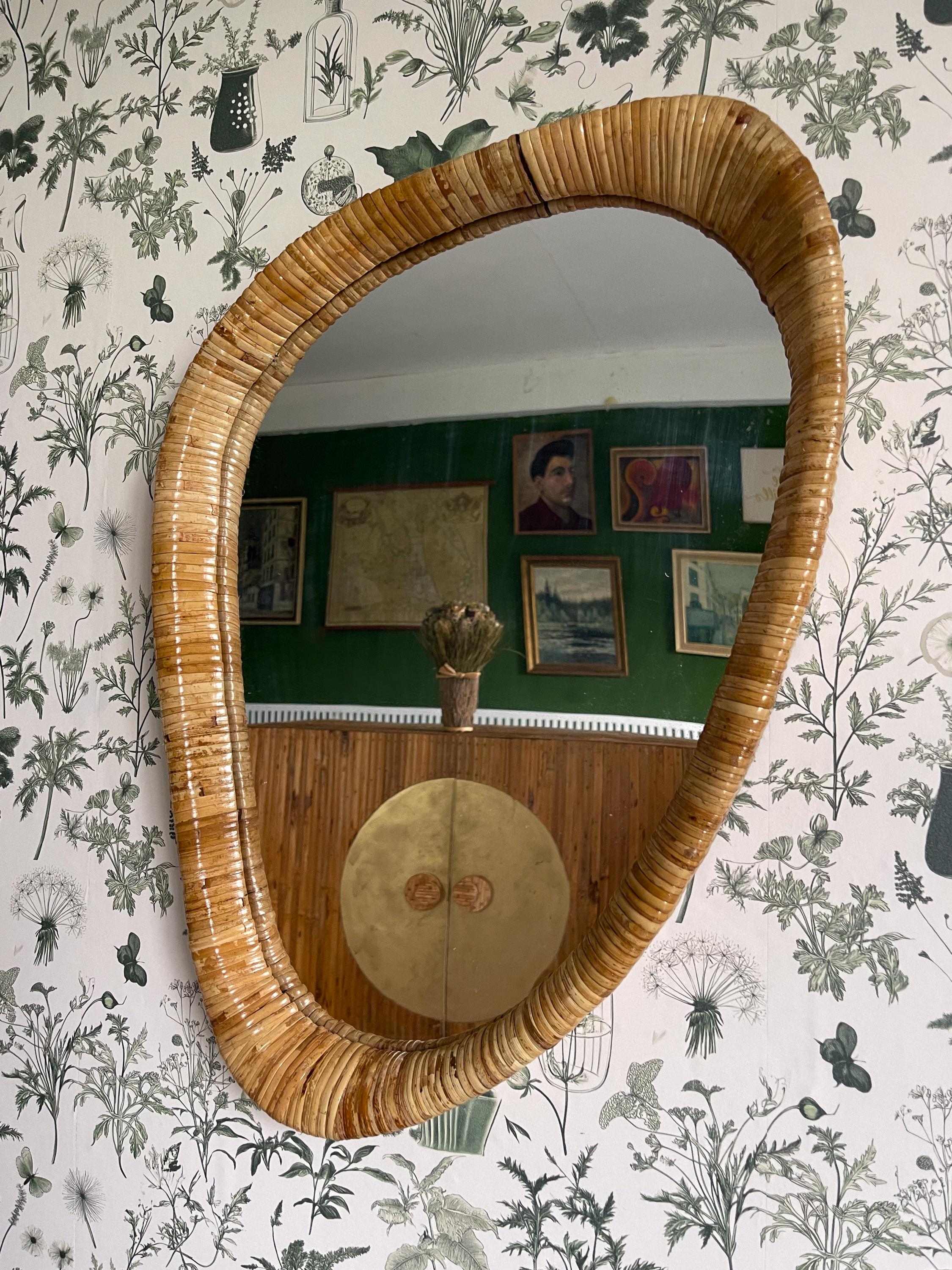 Mid-Century Modern Style Rattan Cane Wall Mirror, Bathroom, Bedroom, Hallway Mirror