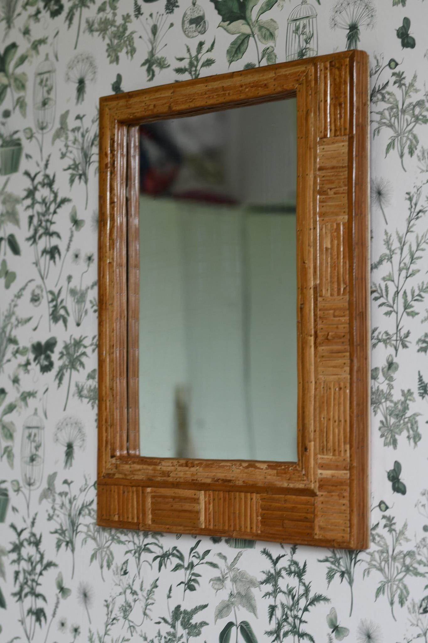 Rectangular Patterned Rattan Cane Wall Mirror