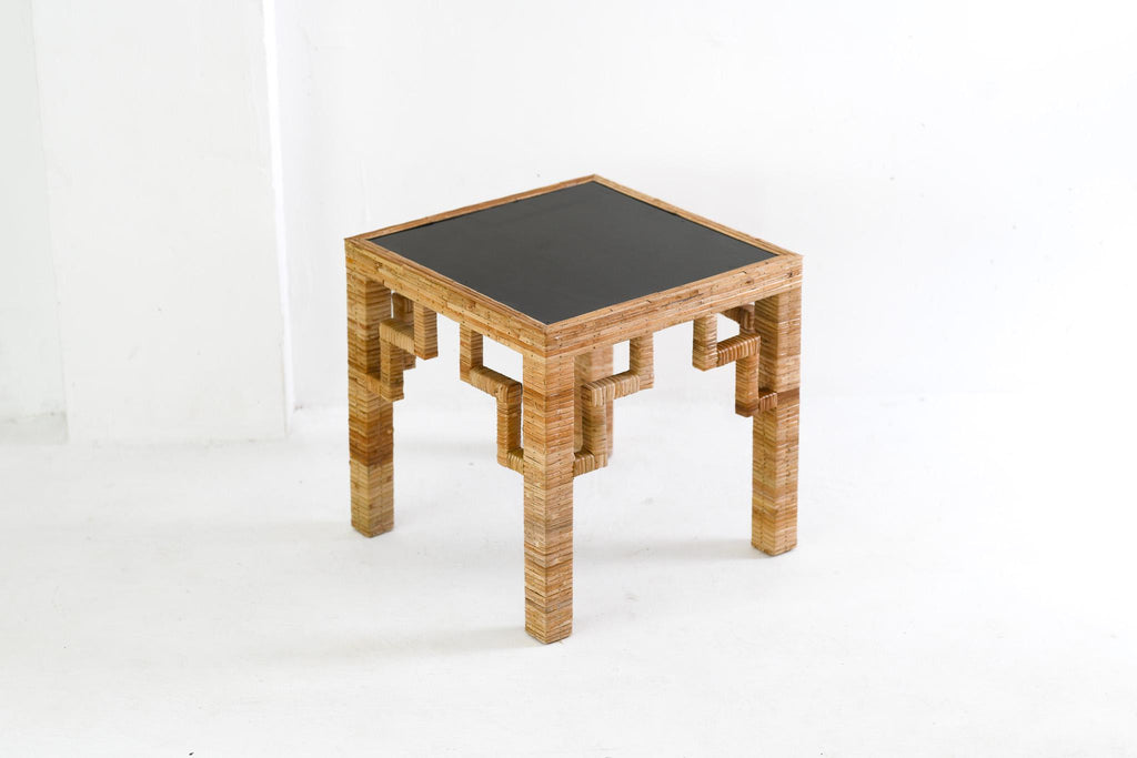 Greek Key Patterned Rattan Side Table with Black Laquered Top