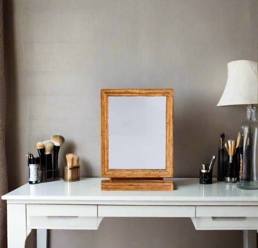 Vintage Style Rattan Vanity Mirror, Rectangular Tabletop Mirror