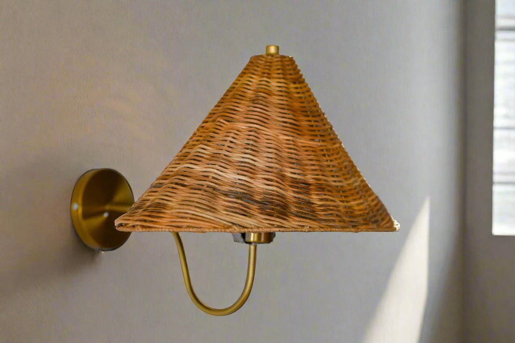Hand-woven wicker cone rattan wall sconce side profile brass arm — Rattanology