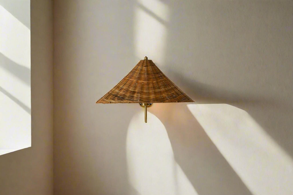 Hand-woven wicker cone rattan wall sconce warm diffused light — Rattanology