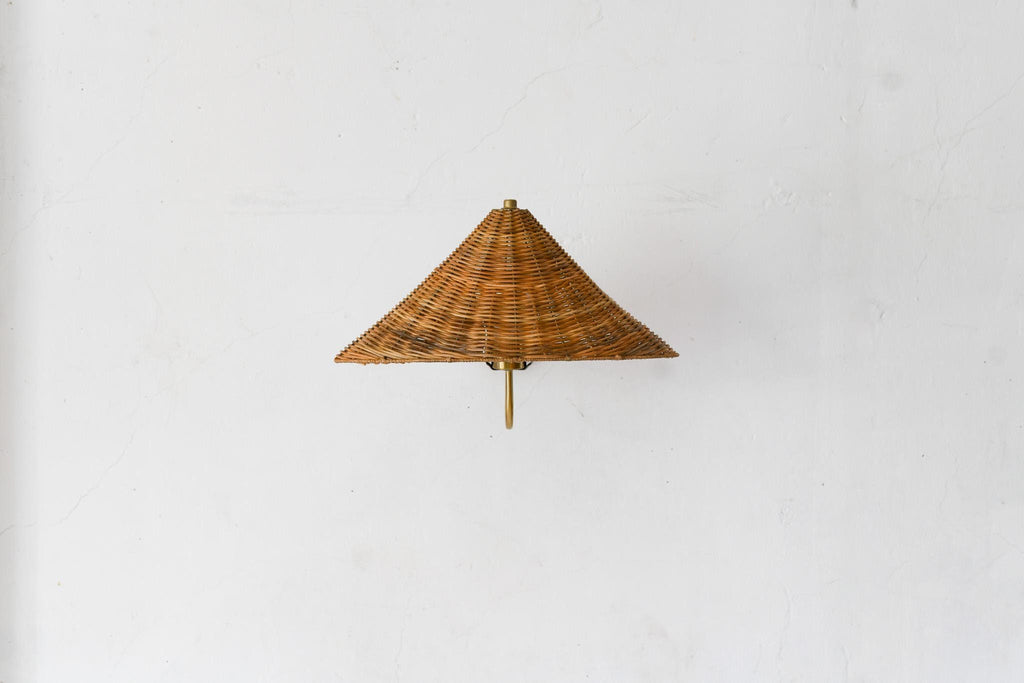Hand-woven wicker cone rattan wall sconce brass gooseneck arm — Rattanology