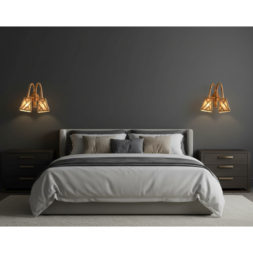 Chippendale Rattan Wall Lamp — warm light through geometric weave, Rattanology