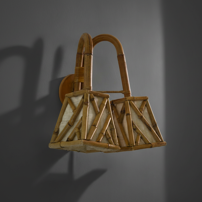 Chippendale Fretwork Wall Sconce — hand-woven bamboo and rattan, natural brown