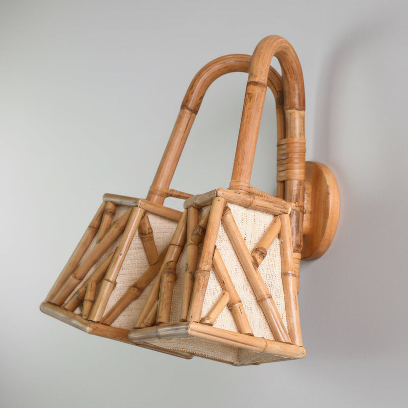 Chippendale Fretwork Wall Lamp — close-up of hand-woven bamboo fretwork lattice