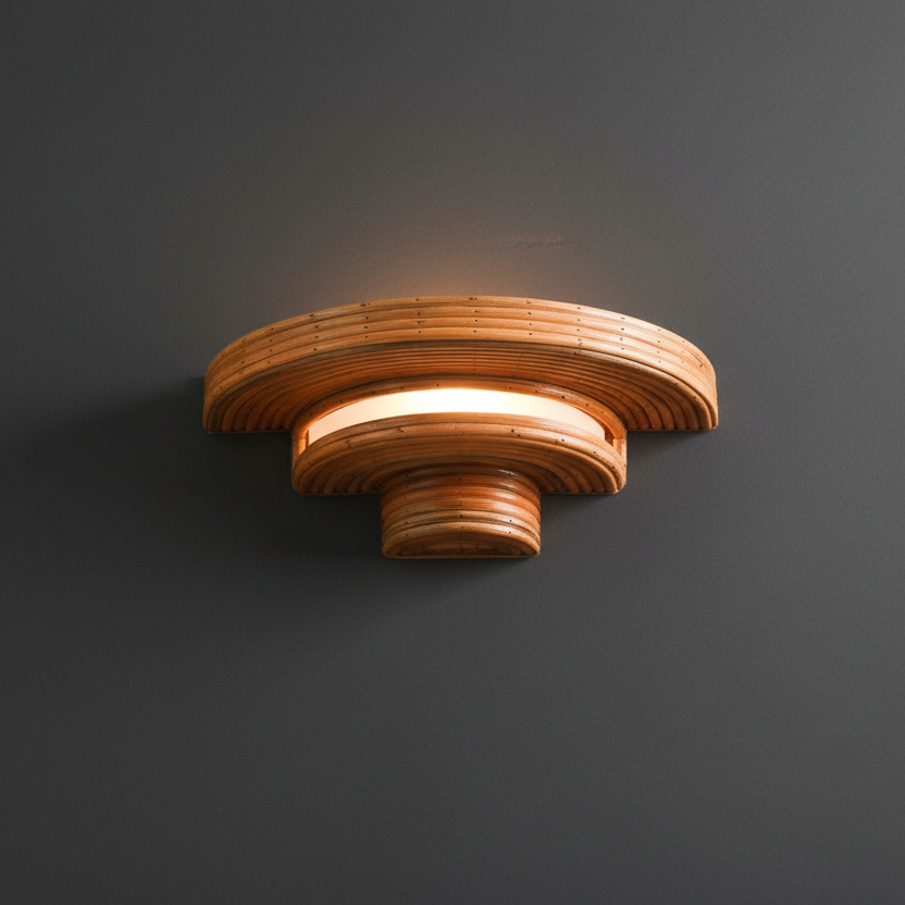 UFoo Wall Sconce — curved saucer silhouette in layered rattan, natural honey brown