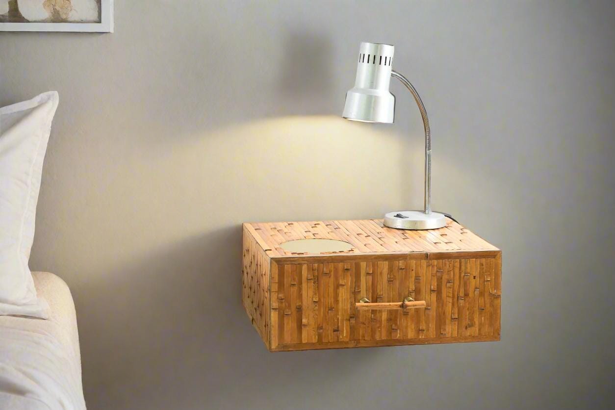 Wall-Mounted Bamboo Nightstand with Brass Accents - Floating Bedside Cabinet