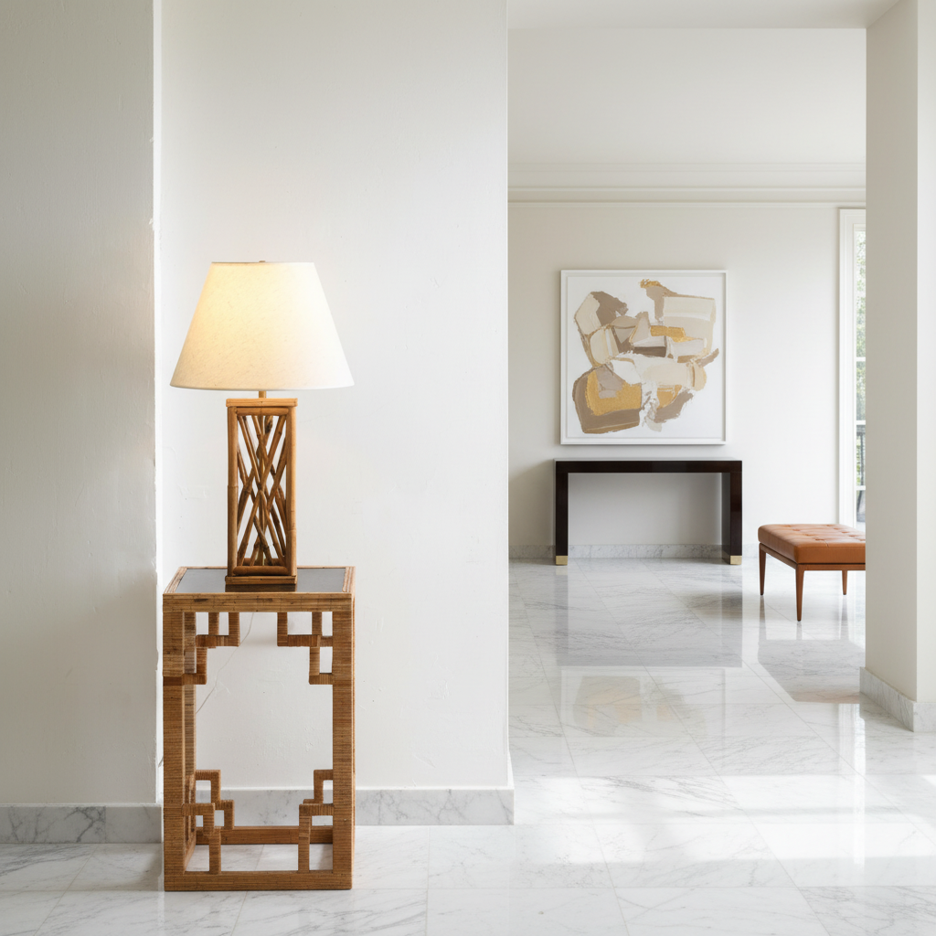 Chippendale Style Lattice Rattan Bamboo Table Lamp