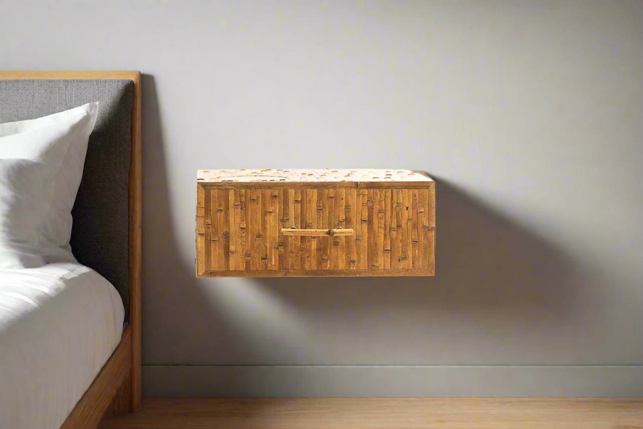 Wall-Mounted Bamboo Nightstand with Brass Accents - Floating Bedside Cabinet