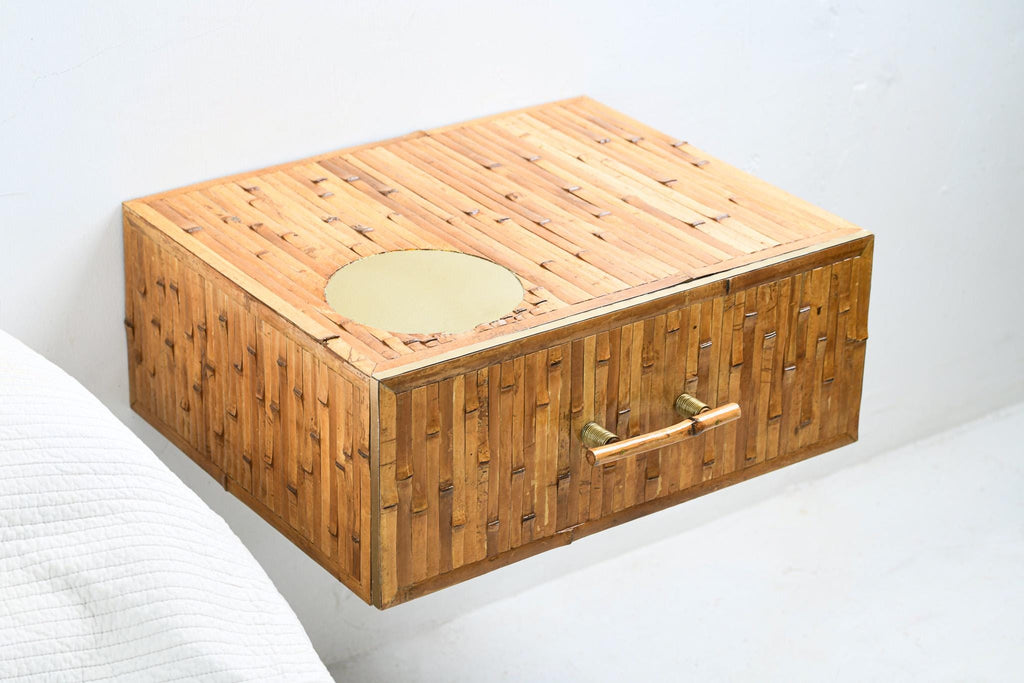 Wall-Mounted Bamboo Nightstand with Brass Accents - Floating Bedside Cabinet